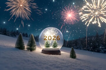 Golden 2026 numbers glow inside a magical snow globe on a snowy hill, illuminated by sparkling fireworks in the winter night.