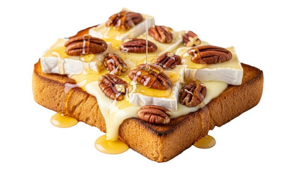 Toast with Brie cheese, honey, and pecans isolated on transparent background
