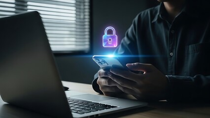 Businessman Using Smartphone with Cyber Security Lock Protection