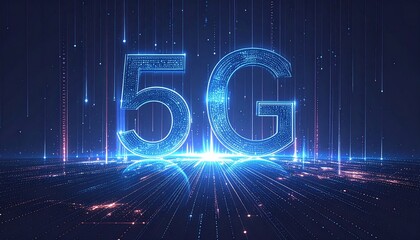 A futuristic 3D rendering of "5G" in bright blue light, showcasing data streams