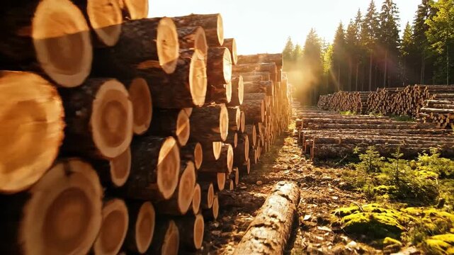 Gigantic spruce logs meticulously arranged in a sun-drenched forest clearing, showcasing the bounty of a recent timber harvest.