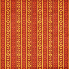 Seamless vertical stripe pattern with stylized golden leaves on red textured background. Elegant autumn design perfect for wallpapers and textiles.