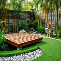 Wooden deck over pond, artificial grass, and pebble area in a garden with bamboo and a dog ,  pond,  urban garden