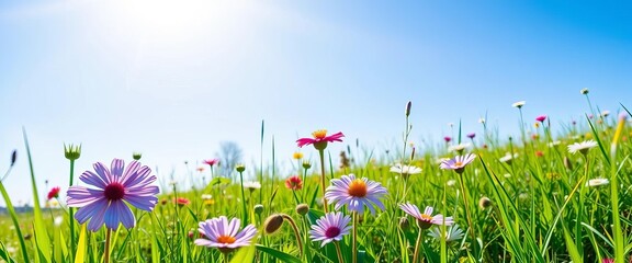 Vibrant green meadow with blooming wildflowers under a bright blue sky,  vibrant, nature