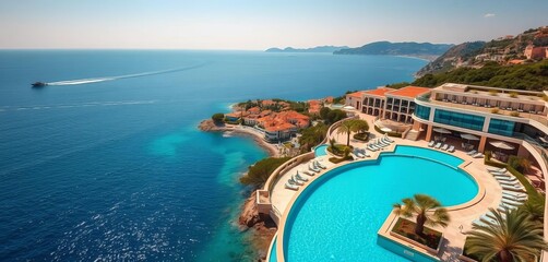 Panoramic view of a modern hotel resort overlooking the sparkling blue Adriatic Sea and a picturesque Croatian coastline,  travel destination,  journey
