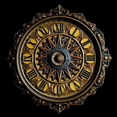 Ornate clock face, sun and moon center, black background,  decorative,  time