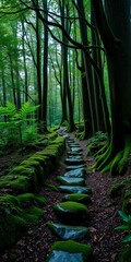 Overgrown forest trail, mossy stones, ancient trees, mysterious atmosphere, deep woods,  overgrown,  deep woods