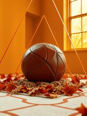 Leather orb grounded amidst amber geometry, an echo of autumn's embrace,  autumn leaves,  fall colors