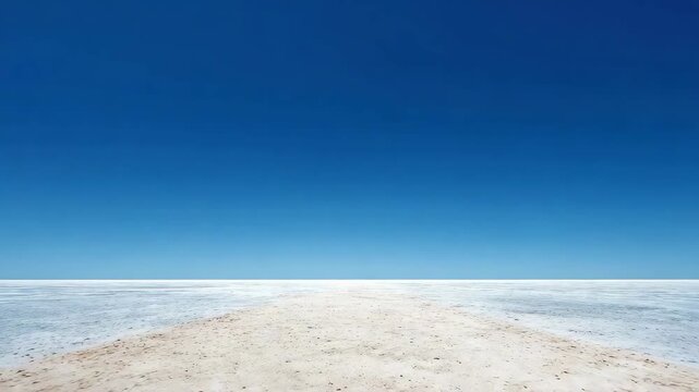 Ultra HD Vast salt flat landscape under a clear, deep blue sky, horizon line separating the white terrain from the intense blue atmosphere video