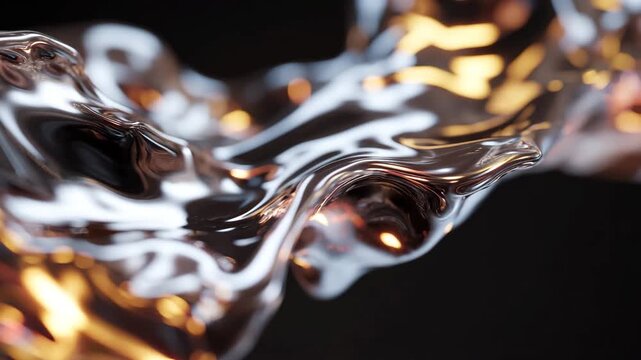 Ultra HD Abstract chrome liquid flowing wave with warm bokeh lights on dark background 3d render video