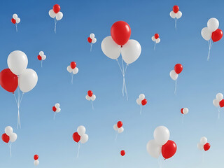 Obraz premium A collection of red and white balloons floating in a clear blue sky