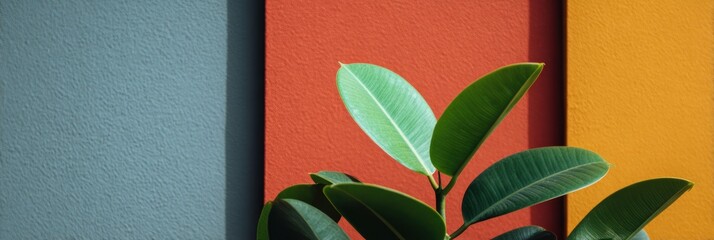 壁に掛けられた色のパネルと植物の近景