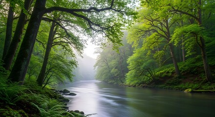 Obraz premium Lush green forest with a flowing river and abundant foliage landscape