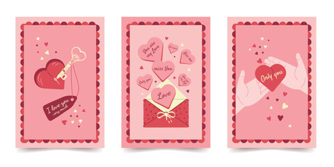 A set of hand-drawn greeting cards for Valentine's Day, weddings, and birthdays with romantic messages. Vector design.