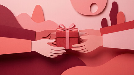Two hands exchanging a gift box with a ribbon in a minimalist paper art style