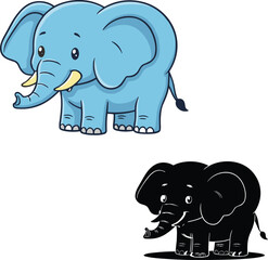 Obraz premium Cute Elephant Cartoon Illustration with Colorful and Black Silhouette Versions for Kids Design Mascot Logo Sticker and Educational Animal Projects