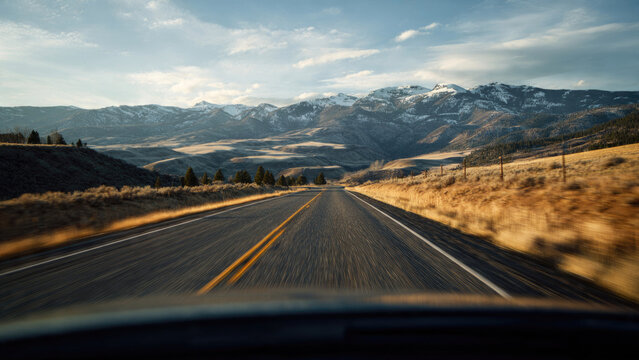 Highway View of Snowy Mountains
