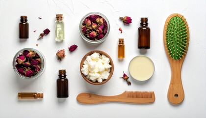Flat lay of natural hair and skincare products oils, blooms, butter, comb, brush
