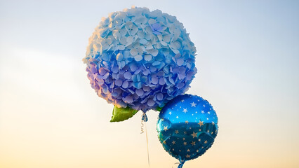 Creative blue hydrangea flower shaped balloon and a blue star foil balloon floating in the bright sky