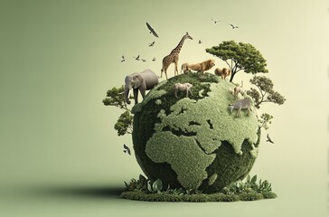 Green planet earth with diverse animals and trees concept of nature conservation and biodiversity isolated on green ba