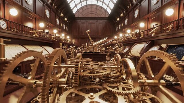 Intricate Steampunk Orrery Mechanism with Ornate Brass Gears in a Grand Astronomical Observatory Hall