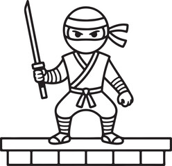 Ninja Standing on Rooftop Line Art, Coloring Book Page Vector Illustration