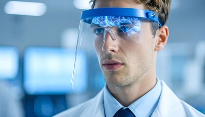A scientist in a lab coat looks at a holographic brain display on a face shield