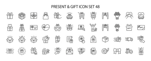 Fototapeta premium Presents and gifts related icon set, editable line illustrations for gift-related designs (Valentine's Day, Christmas, Mother's Day, Father's Day, birthdays, etc.)