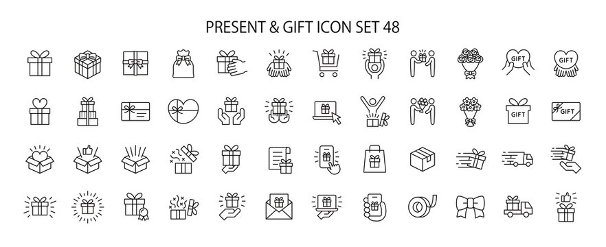 Presents and gifts related icon set, editable line illustrations for gift-related designs (Valentine's Day, Christmas, Mother's Day, Father's Day, birthdays, etc.)