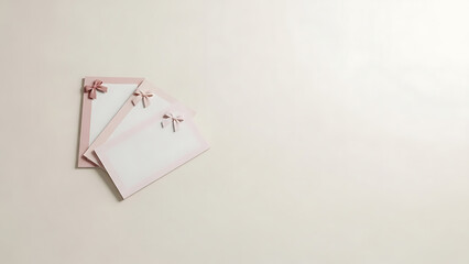 Elegant blank pink cards template with satin bows, ideal for Valentine's Day invitation or wedding background mockup with extensive copy space.