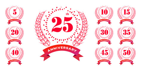 Anniversary emblems 5, 10, 15, 20, 25, 30, 35, 40, 45, 50  Red celebration logo set