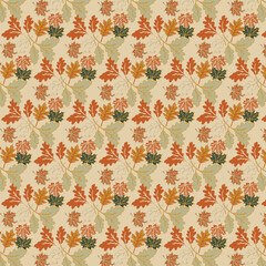 Seamless autumn leaf pattern with oak and maple leaves in warm earthy tones on cream background. Classic botanical design for wallpapers and fabrics.