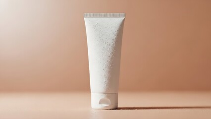 view photo of blank empty white tube for cream Flat lay flatlay top above overhead view photo dewy peach background, evoking freshness, purity, and everyday self-care