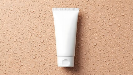 view photo of blank empty white tube for cream Flat lay flatlay top above overhead view photo dewy peach background, evoking freshness, purity, and everyday self-care