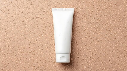 view photo of blank empty white tube for cream Flat lay flatlay top above overhead view photo dewy peach background, evoking freshness, purity, and everyday self-care