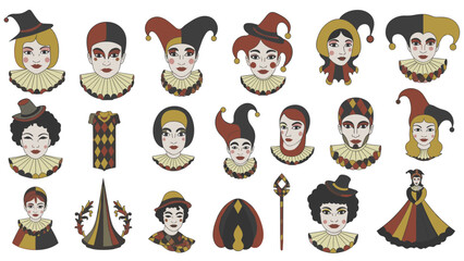Set of diverse female clown characters in colorful costumes and makeup