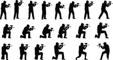 Paintball player silhouette collection, tactical stances vector set, black design, action poses, sport icon, shooting posture, isolated graphic, minimal style