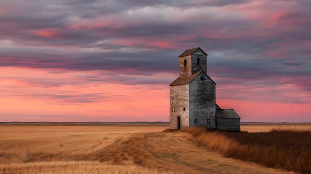 Ultra HD Iconic abandoned wooden grain elevator on a prairie field at sunset with dramatic pink and purple sky video