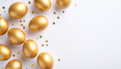 Golden Easter eggs and stars scattered on a clean white background