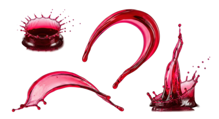 dynamic macro shot of four separate, high-gloss splashes of thick crimson berry nectar, sharp focus against transparent background with copy space, concept for premium beverage advertising