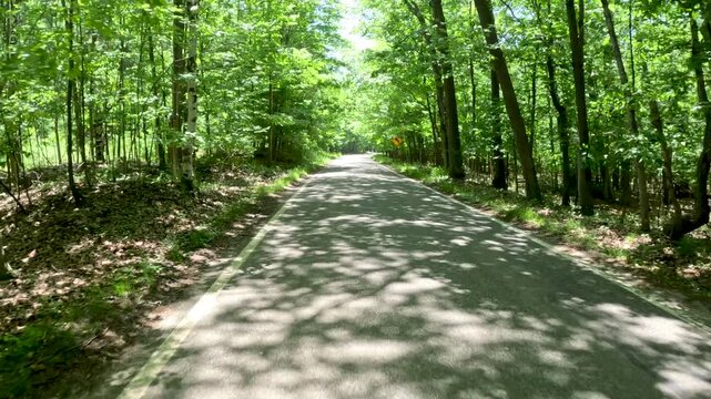 Tunnel of Trees Scenic M-119 Byway in Northern Michigan, USA. Reverse view. A 20-mile stretch of narrow, winding highway (also known as the M-119 Heritage Route) along the Lake Michigan shoreline.