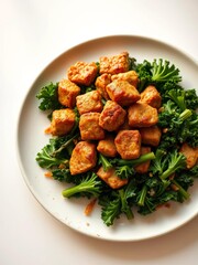 Crispy pork and kale stir-fry artfully arranged, vibrant green and golden hues,  food photography,  pad kana moo krob