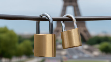 Lovers bridge with locks against tower landmark faceless, slow motion, romantic destination, love symbolism, defocused architecture, with copy space