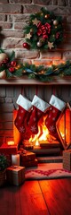 Cozy fireplace with stockings and gifts, warm and festive scene,  seasonal,  fireplace