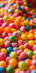 Close-up of vibrant, artificially colored candies creating a tempting, sugary landscape,  sweet,  playful