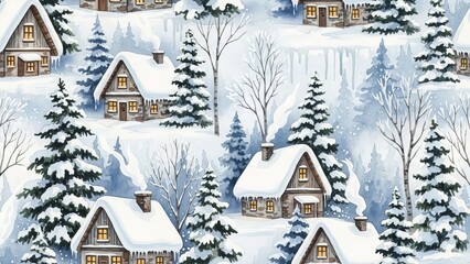 Snow-covered houses and trees in a serene winter landscape viewed from above.