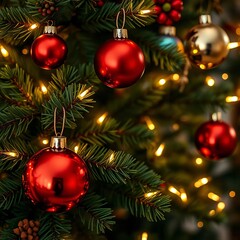 Classic pine decorated with twinkling fairy lights and classic baubles, evoking warmth and joy,  traditional,  winter solstice