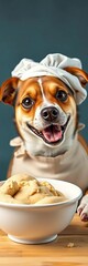 A dog wearing a chef's hat and apron, sniffing a bowl of dough with a curious and happy expression,  funny,  chef hat