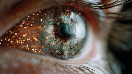 Close-up view of a human eye with digital circuits and glowing elements inside the iris showing technology and biology blend
