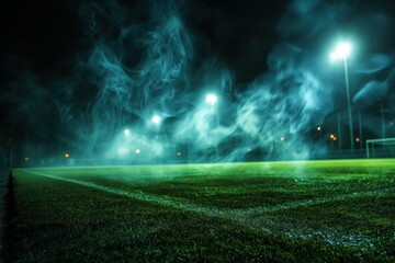 サッカー場の夜の光と霧
